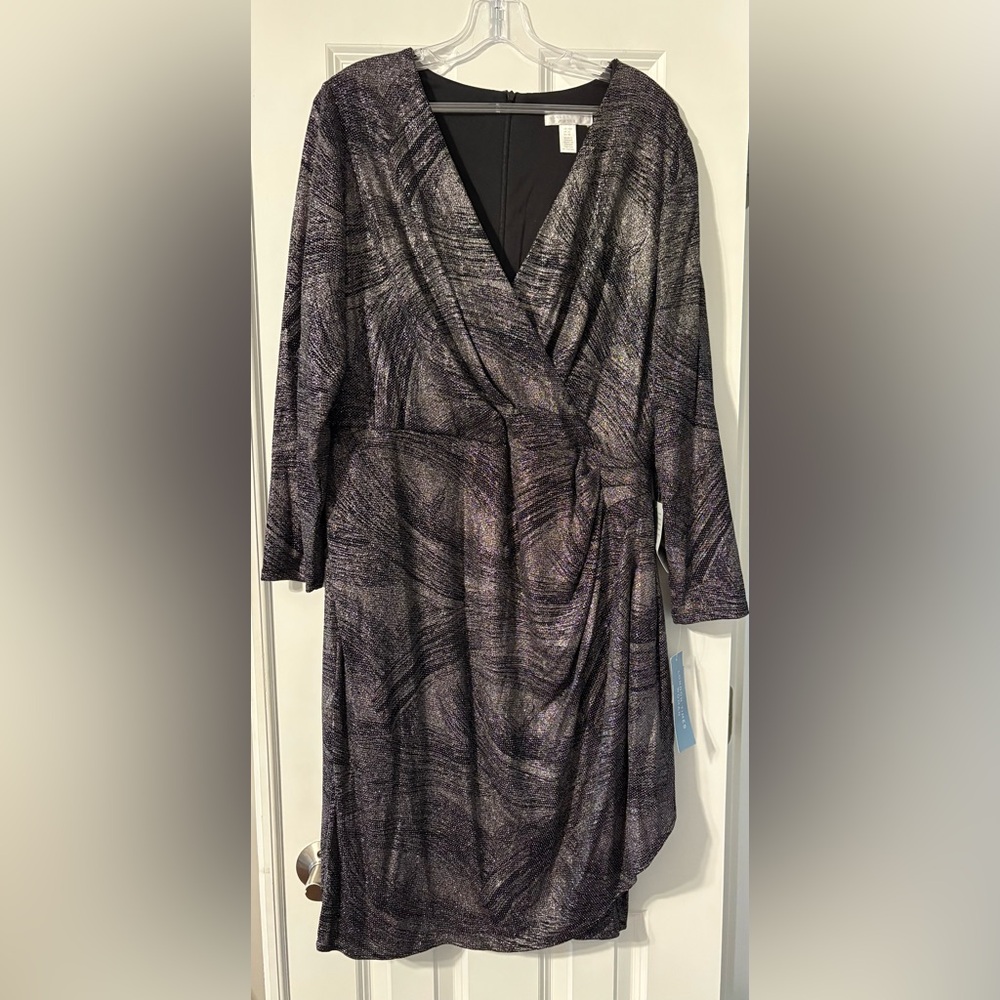 NWT London Times Black/Silver Women’s Wrap Dress - Size 16W